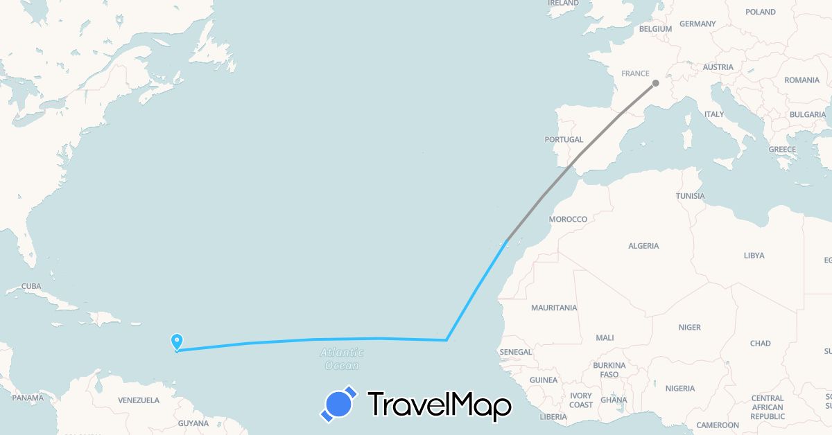 TravelMap itinerary: plane, boat in Cape Verde, Spain, France (Africa, Europe)
